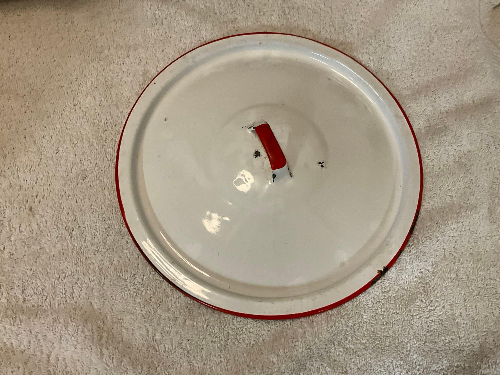 white w/red enamel to include (3) pans, bailed pot w/lid