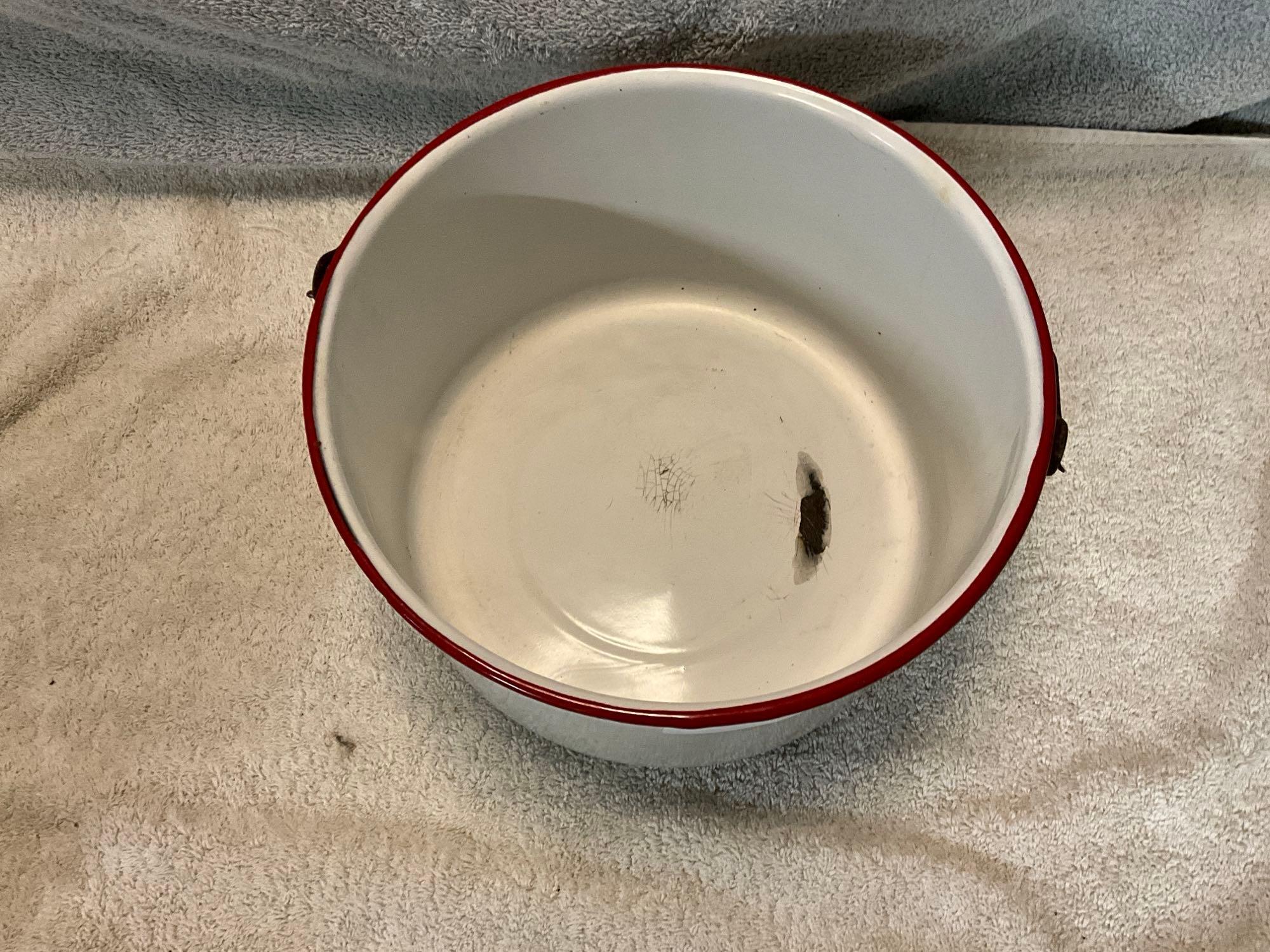 white w/red enamel to include (3) pans, bailed pot w/lid