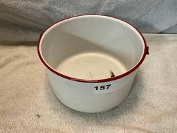 white w/red enamel to include (3) pans, bailed pot w/lid