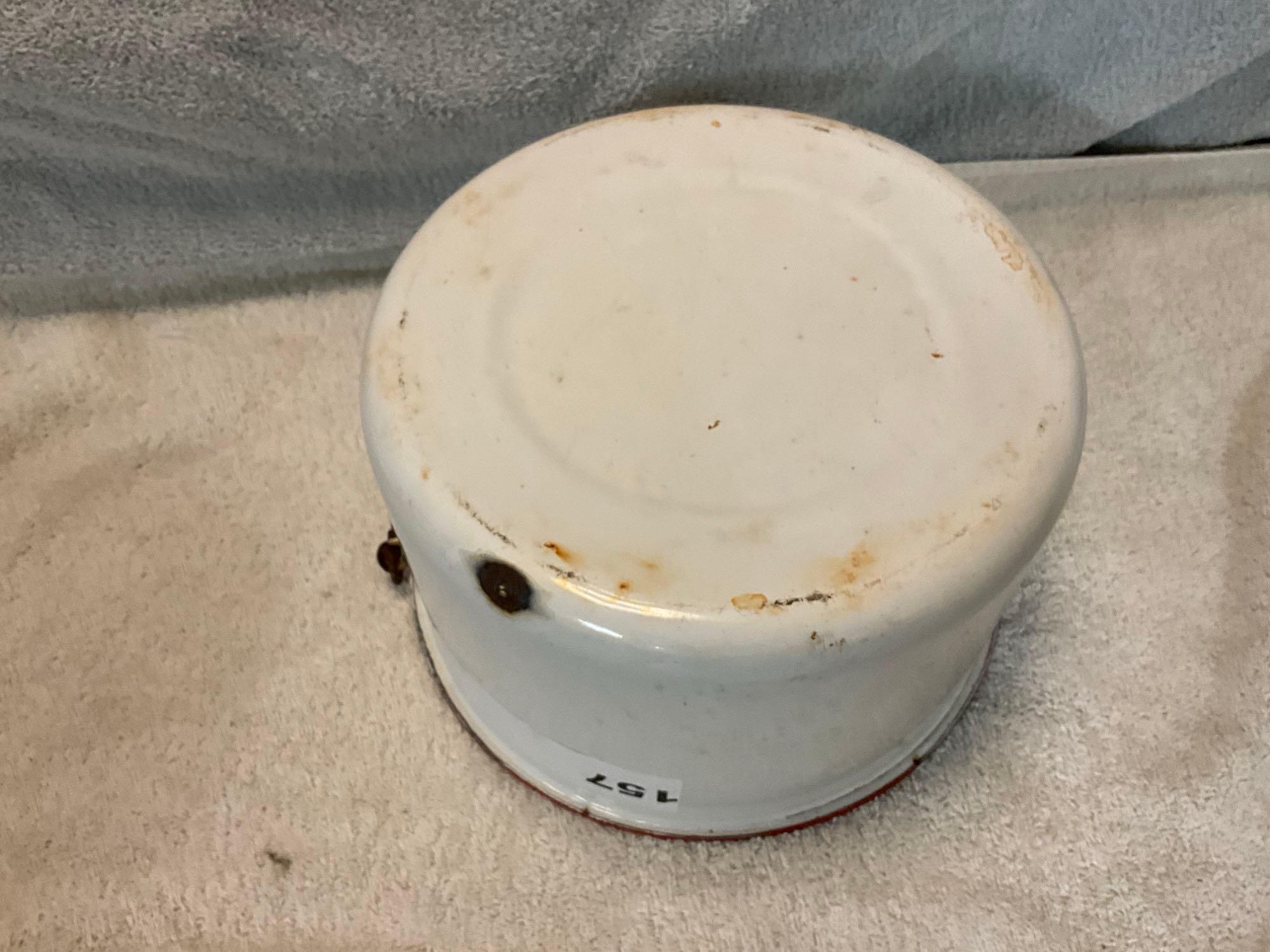 white w/red enamel to include (3) pans, bailed pot w/lid