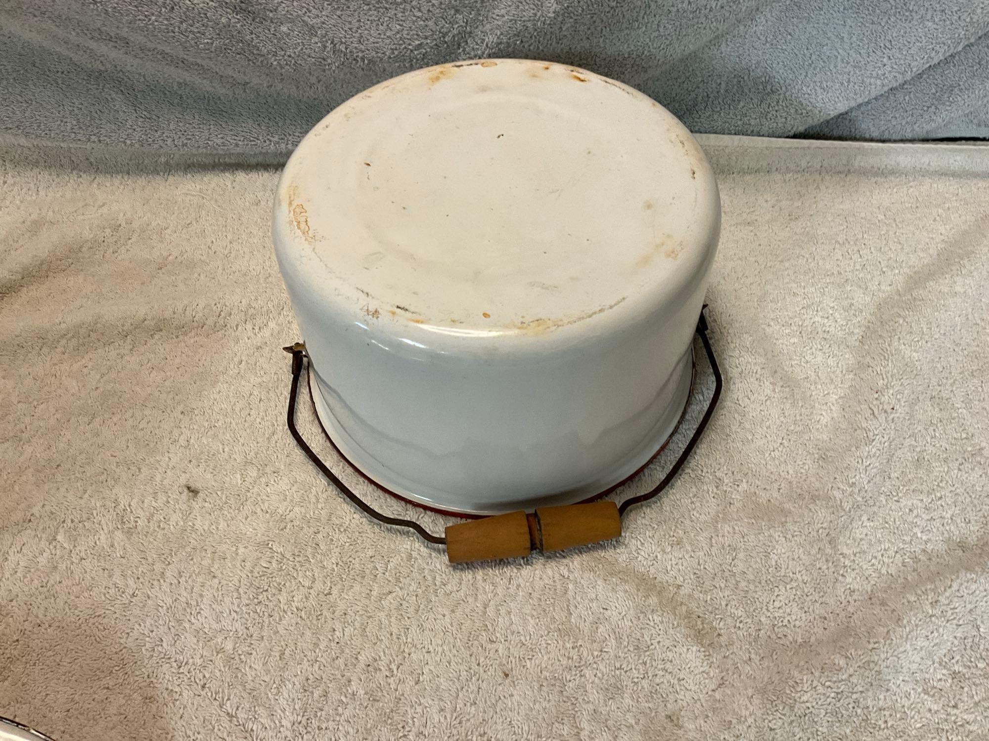 white w/red enamel to include (3) pans, bailed pot w/lid