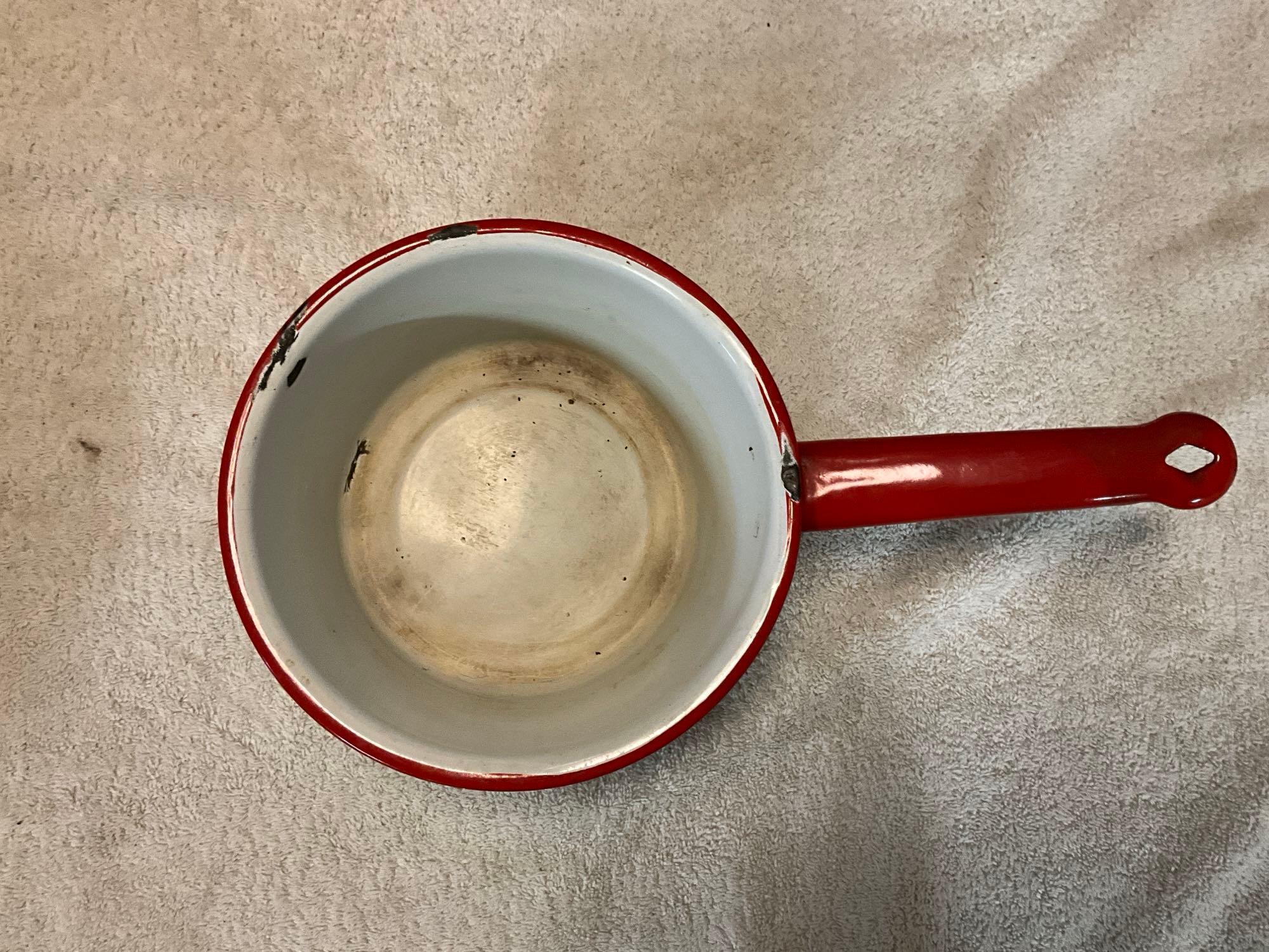 white w/red enamel to include (3) pans, bailed pot w/lid