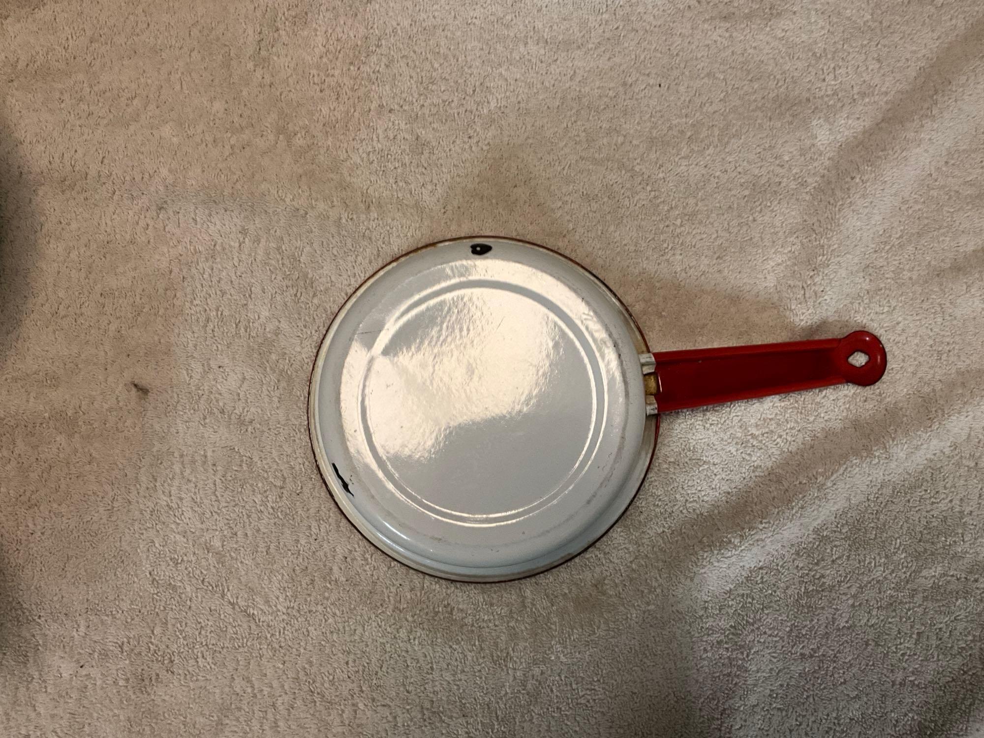 white w/red enamel to include (3) pans, bailed pot w/lid