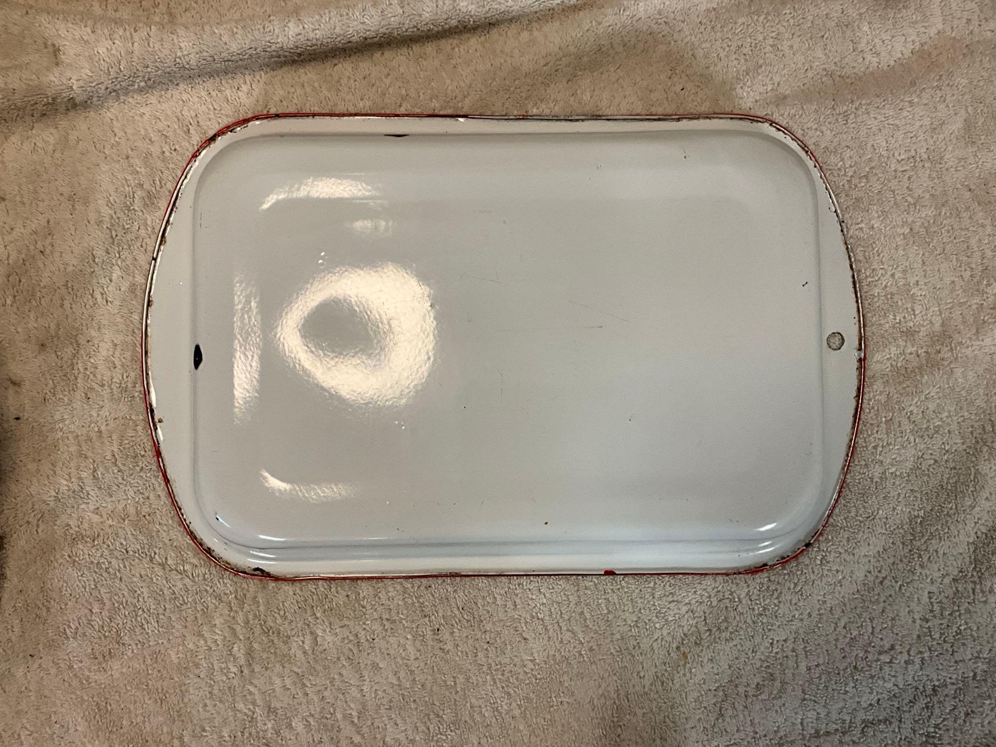 white w/red enamel casseroles, meat platter, & kitchen utensils