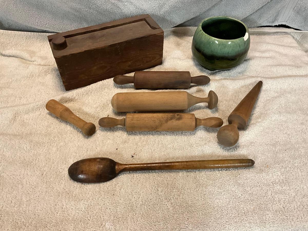 primitive wooden box, stoneware pot, & wooden utensils