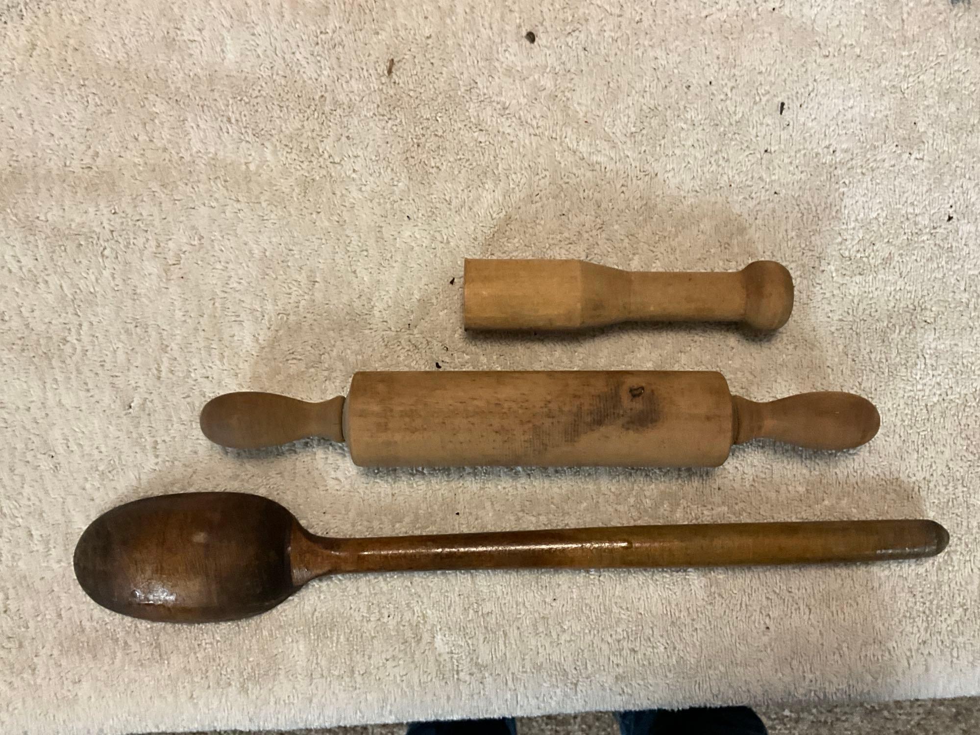 primitive wooden box, stoneware pot, & wooden utensils