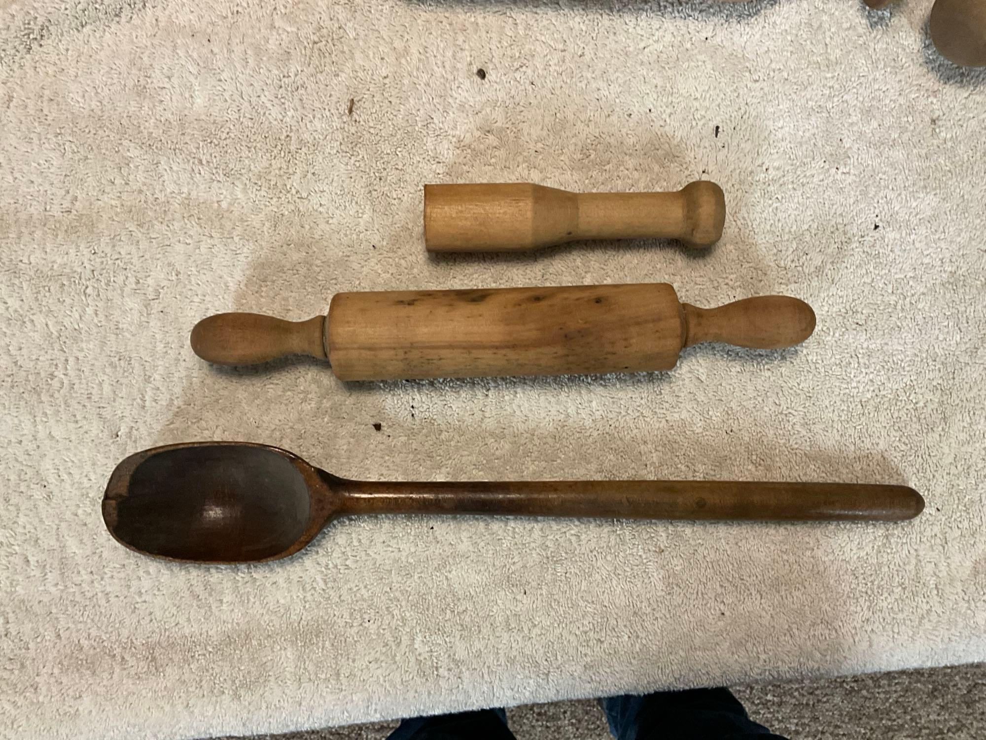 primitive wooden box, stoneware pot, & wooden utensils
