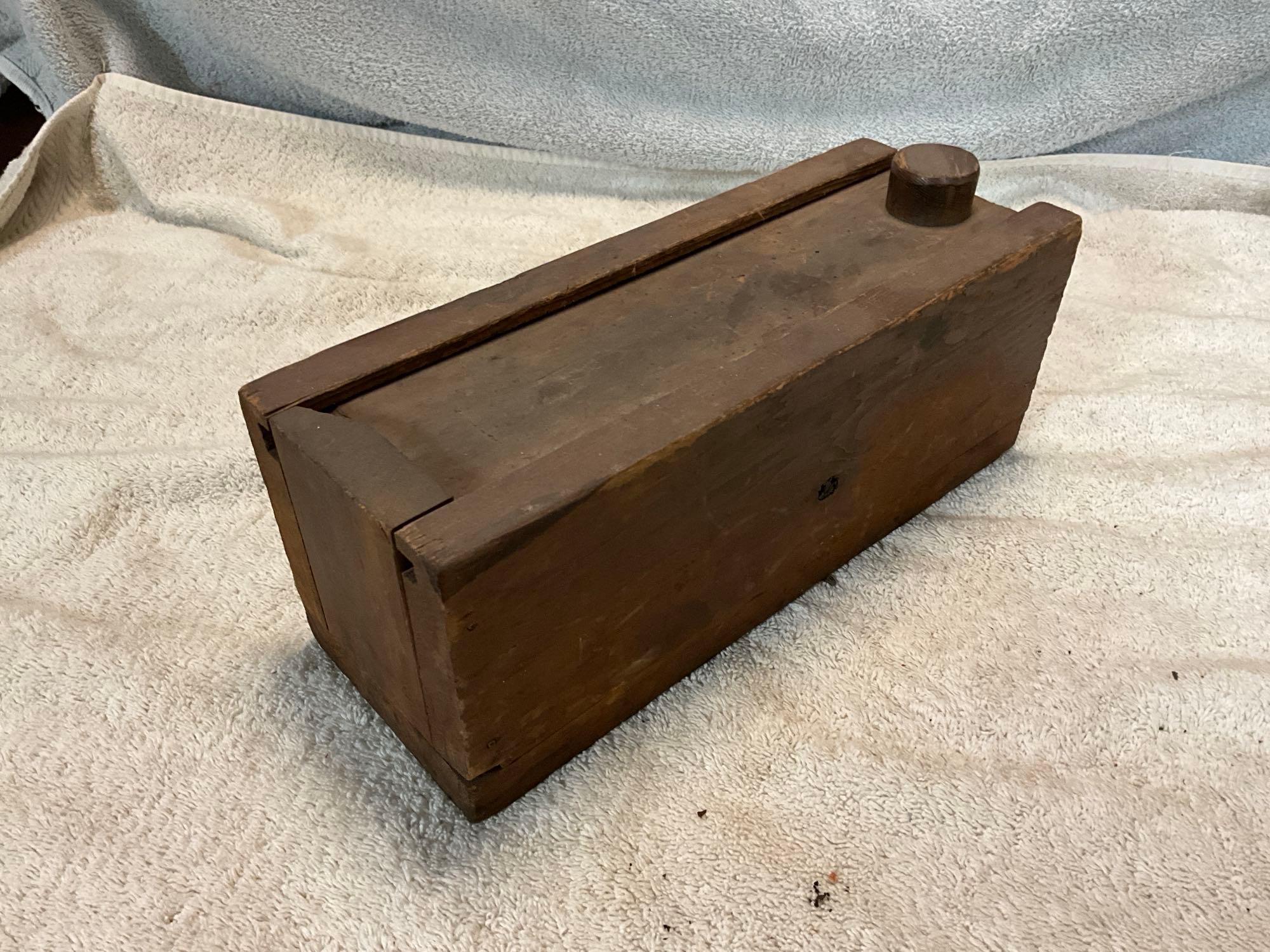 primitive wooden box, stoneware pot, & wooden utensils