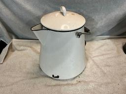lg. blue specked enamel kettle & lg. white enamel kettle