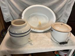 stoneware drink dispenser, white enamel tub, & bailed pot