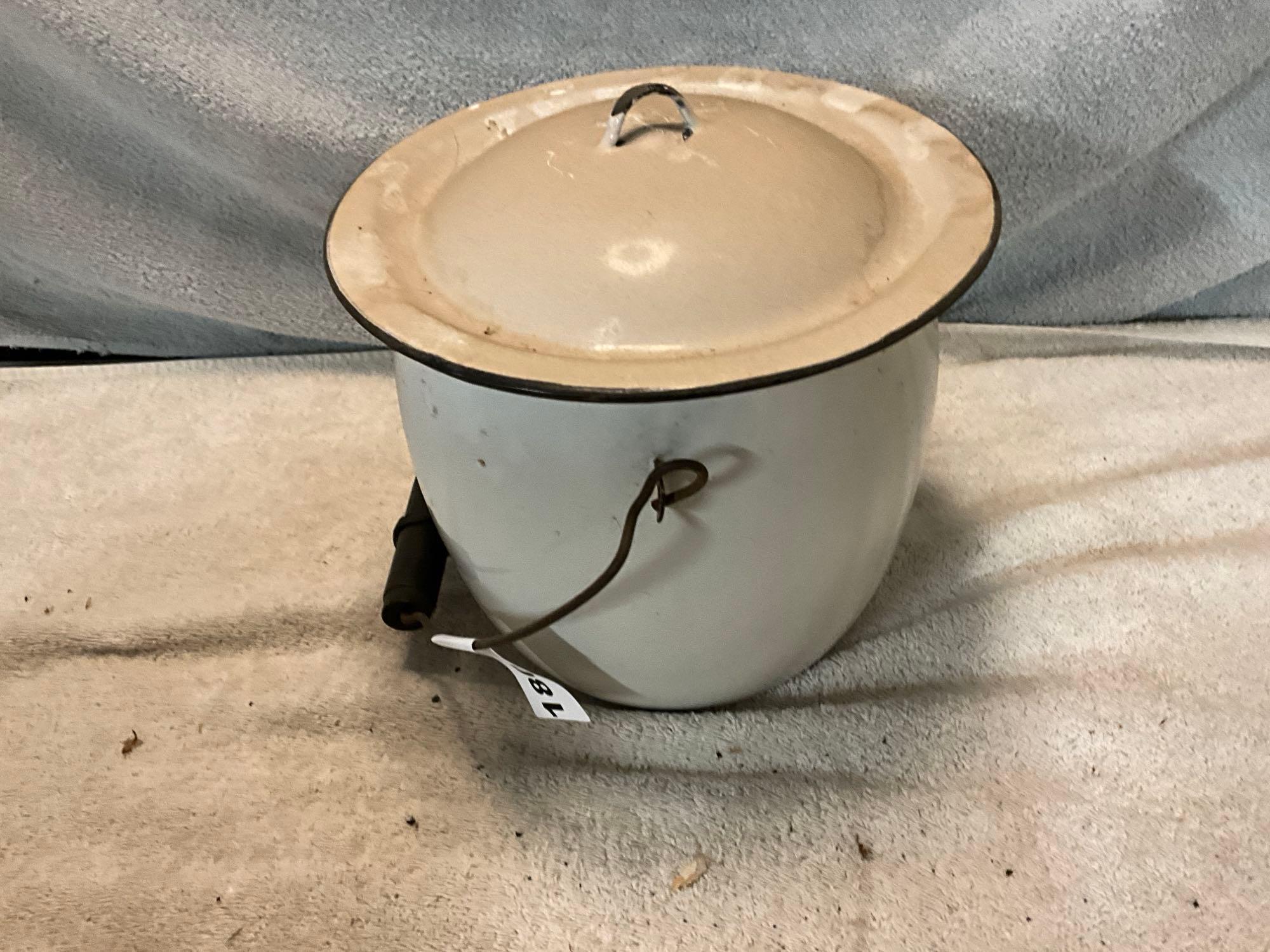 stoneware drink dispenser, white enamel tub, & bailed pot