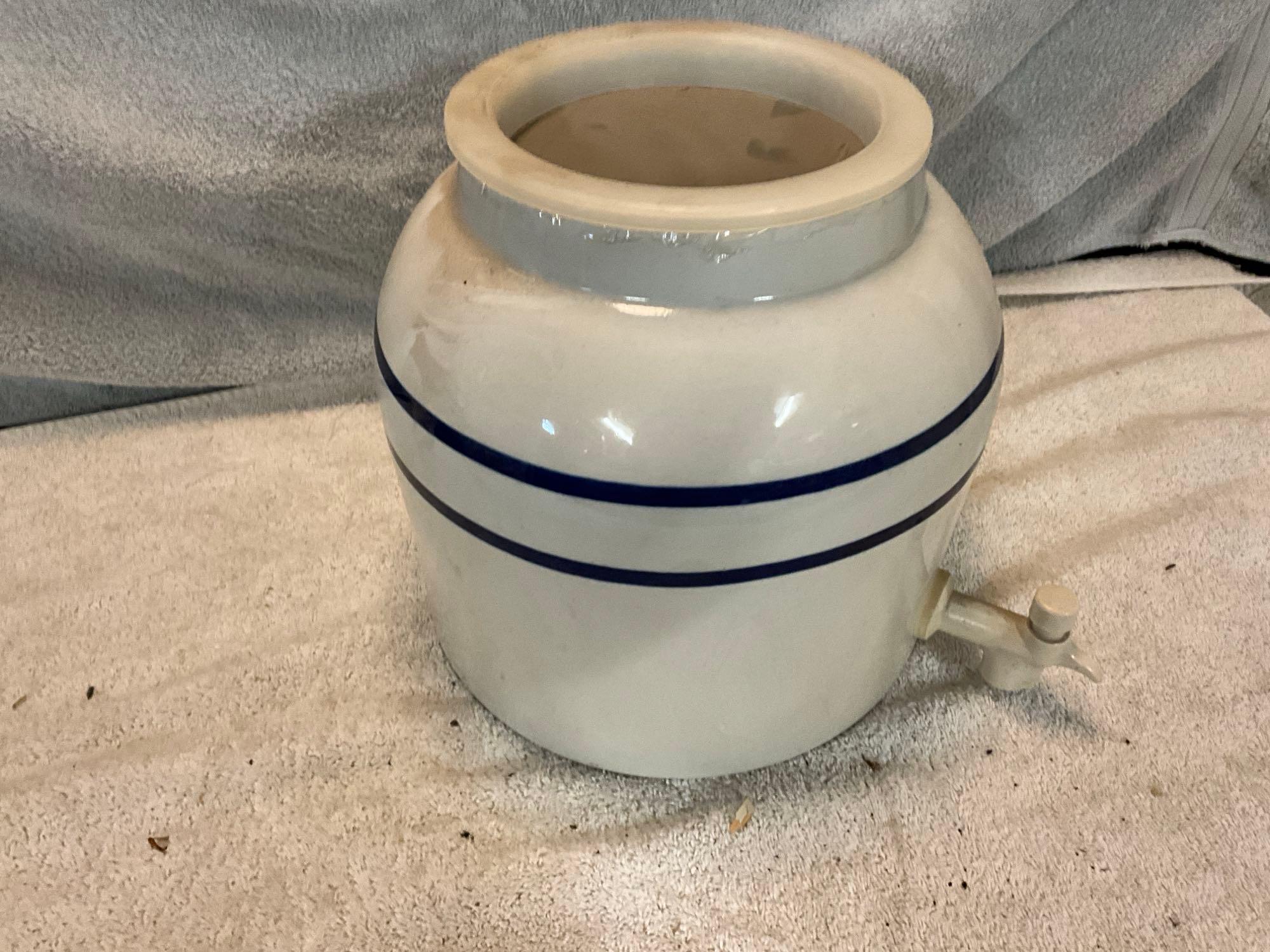 stoneware drink dispenser, white enamel tub, & bailed pot