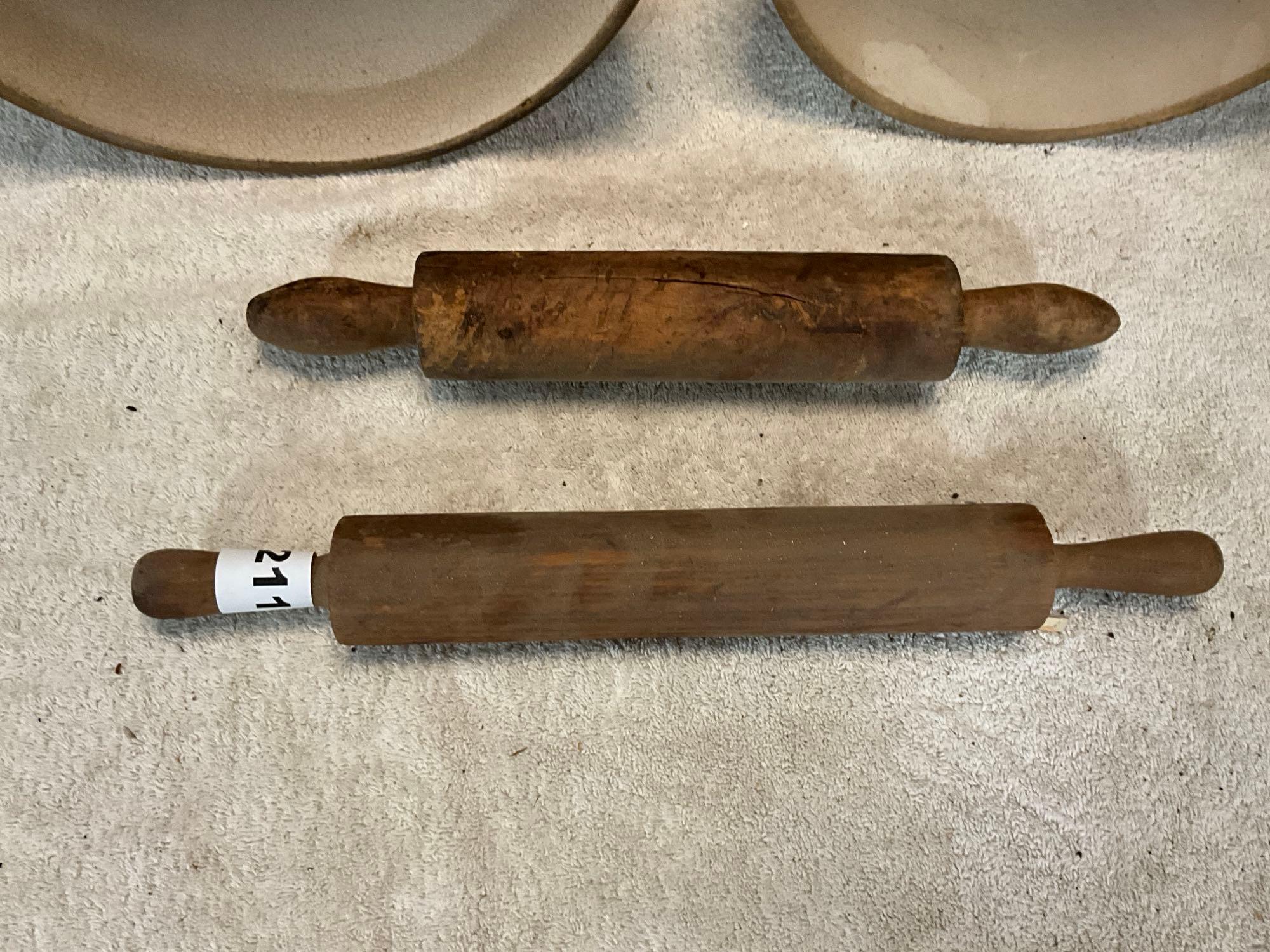pair of nested stoneware mixing bowls & (2) wooden rolling pins