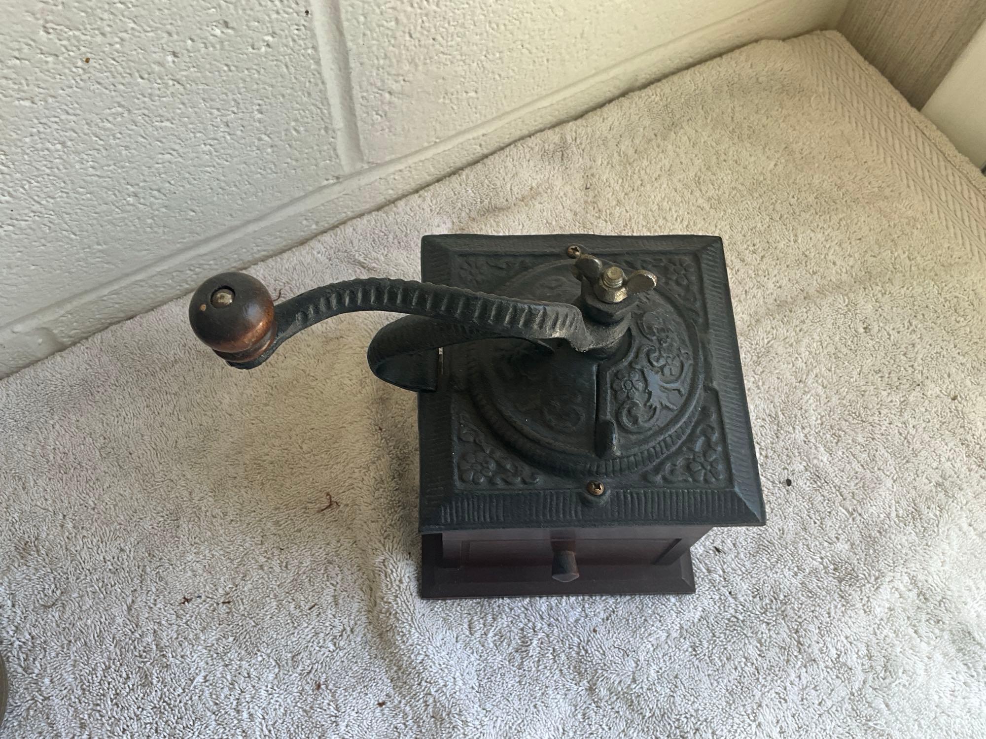 unmarked coffee grinder & glass pitcher w/kitchen mixer