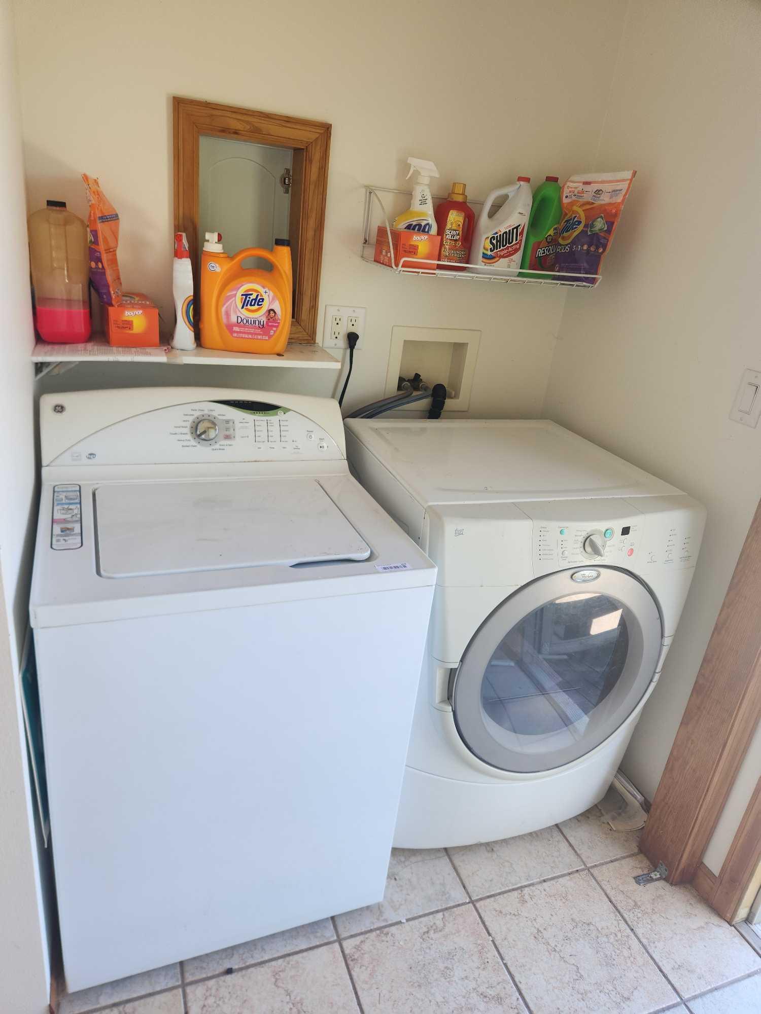 GE Washer, Whirlpool Electric Dryer, and Contents