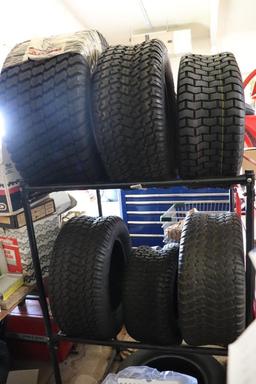 Large Selection Of New Lawn Mower Tires, some with rims and some without. Rack Included