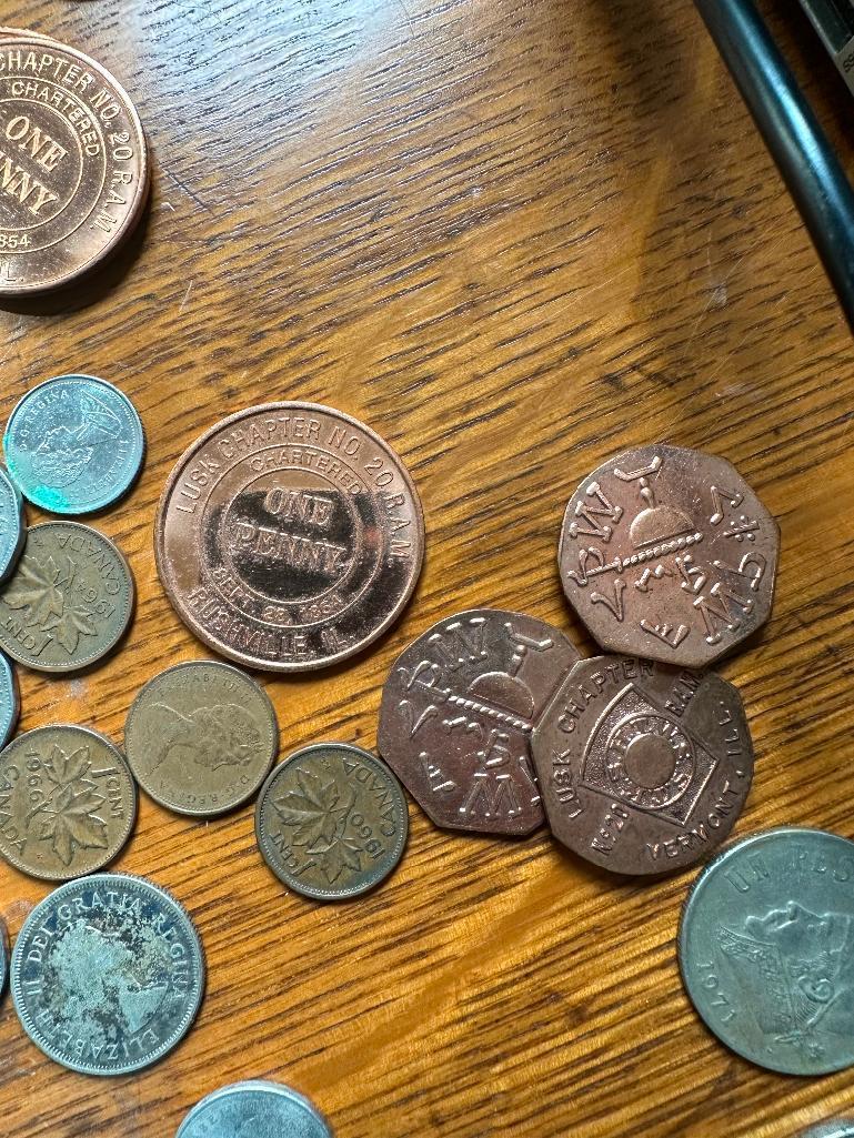 VARIOUS FOREIGN COINS AND MISC NOVELTY COINS