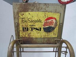 VINTAGE PEPSI COLA WIRE CART WITH METAL SIGN