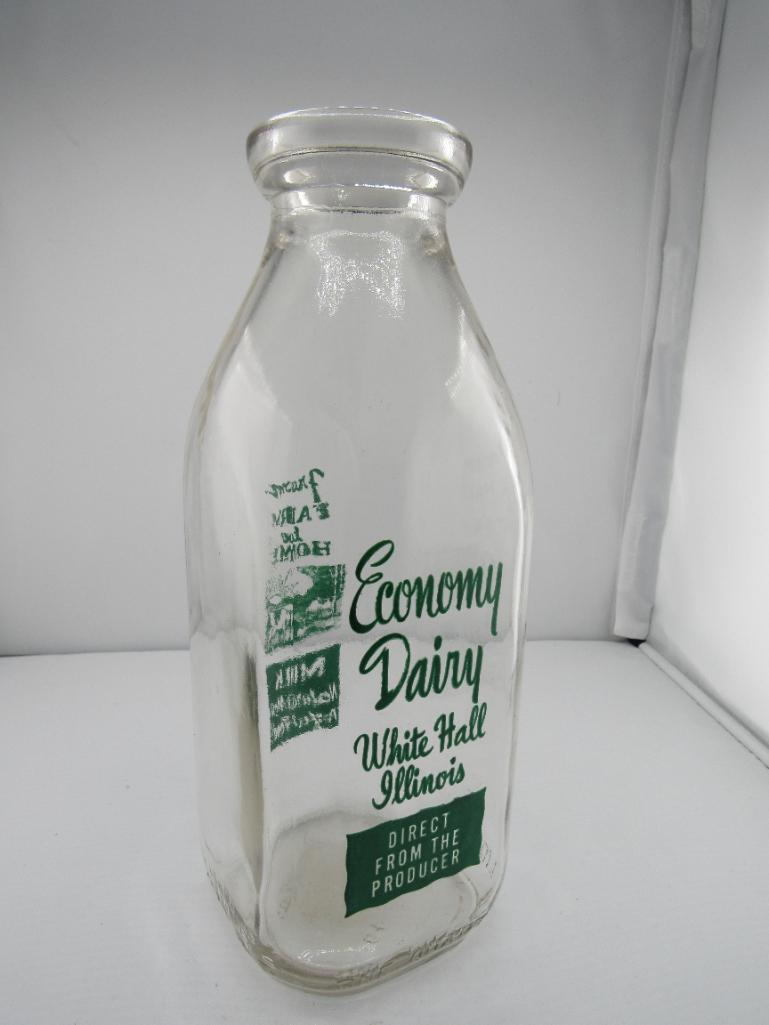 VINTAGE 1 QUART ECONOMY DAIRY GLASS MILK BOTTLE, WHITE HALL, ILL