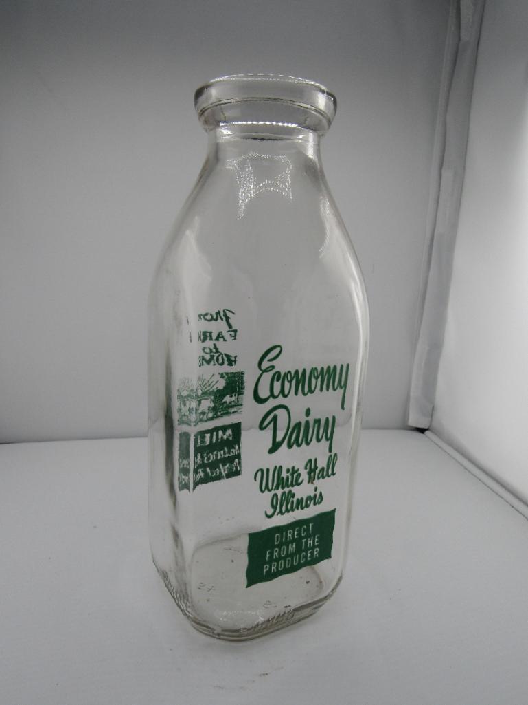 VINTAGE 1 QUART ECONOMY DAIRY GLASS MILK BOTTLE, WHITE HALL, ILL