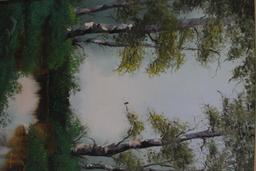 Oil Painting of Small Reflective Pond Surrounded By Trees by N. Cox 32 tall 26 wide