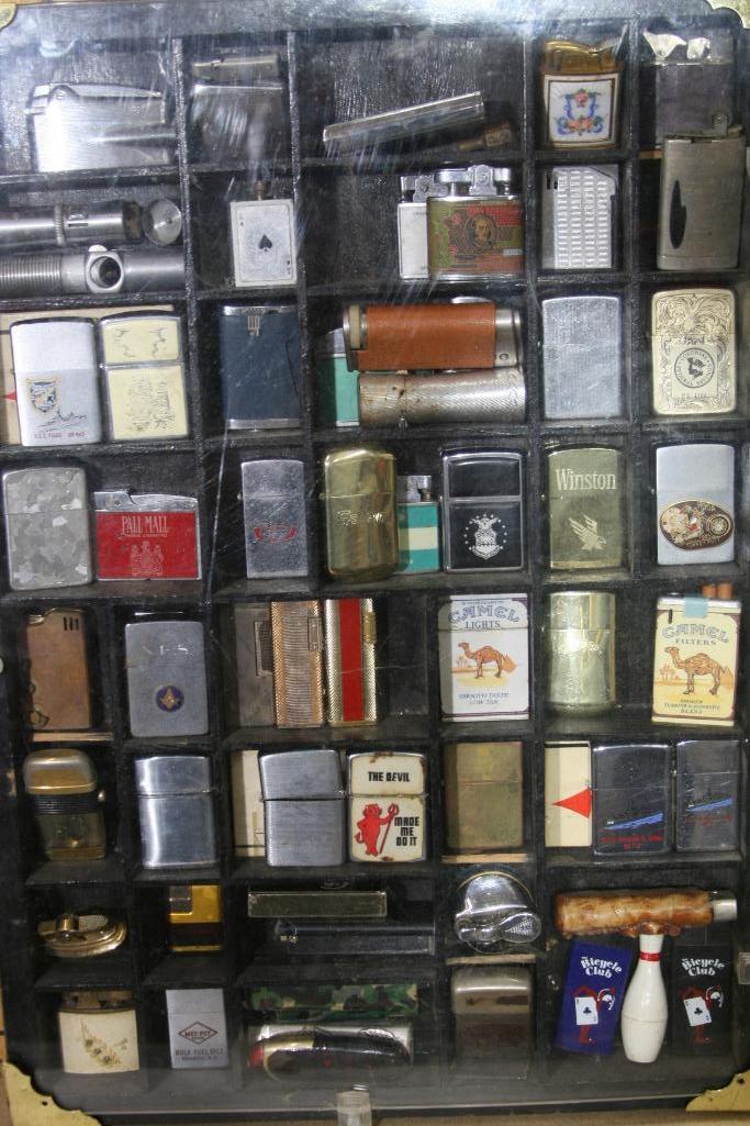 Vintage Lighter Collection in Wood Display Case 2ft tall