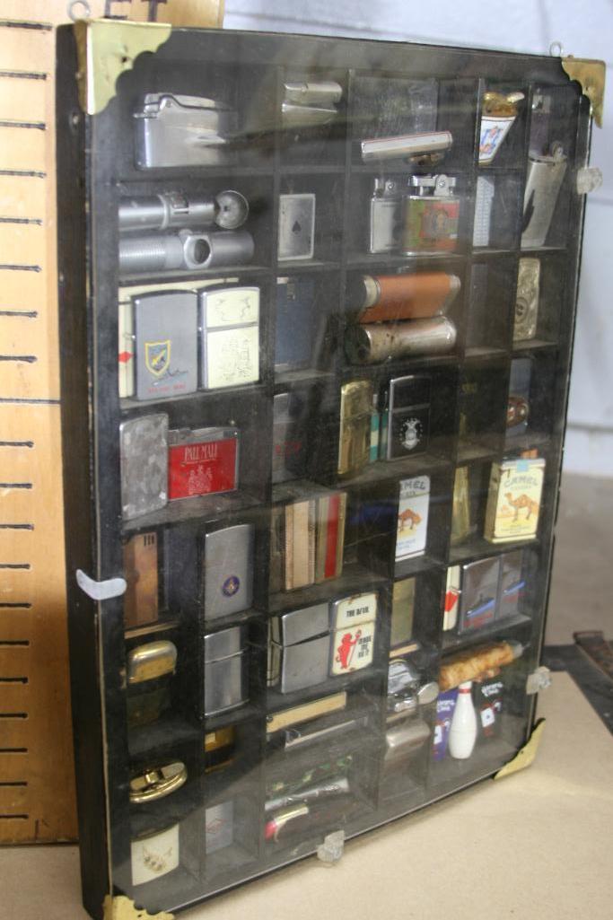 Vintage Lighter Collection in Wood Display Case 2ft tall