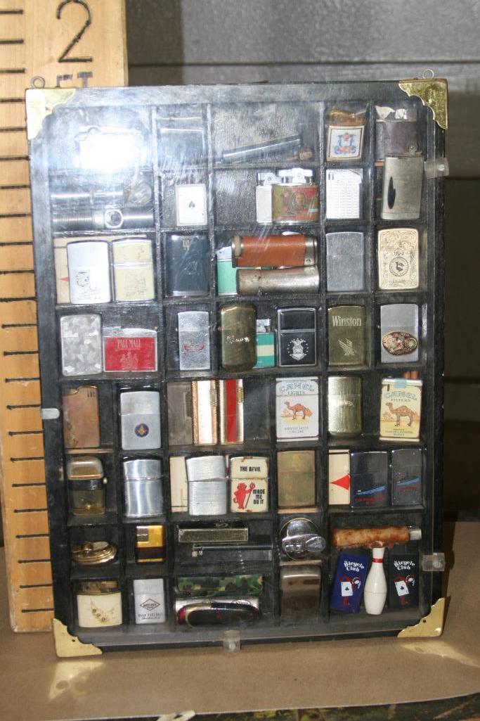 Vintage Lighter Collection in Wood Display Case 2ft tall