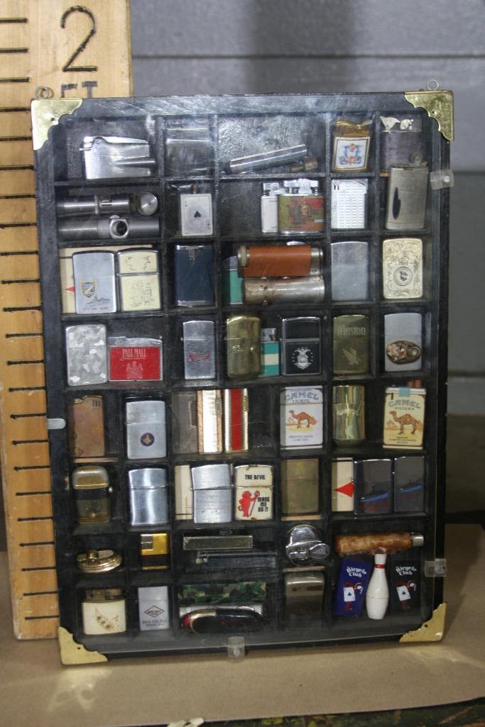 Vintage Lighter Collection in Wood Display Case 2ft tall