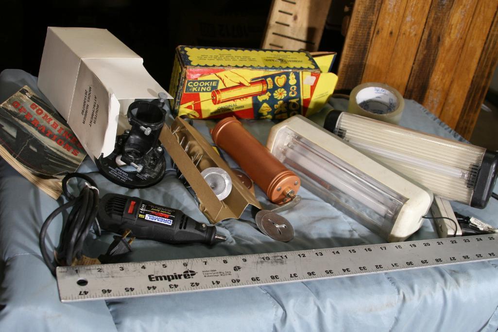 Misc collections, Flashlights, Corded Dremel, Router attachment, Cookie Press, etc.