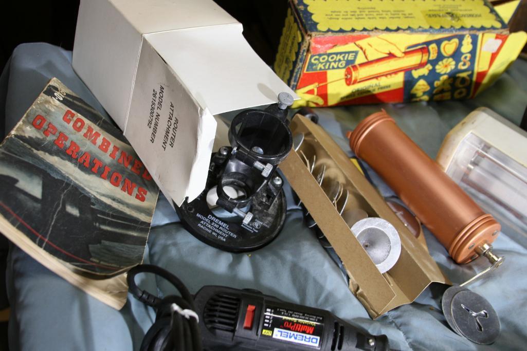 Misc collections, Flashlights, Corded Dremel, Router attachment, Cookie Press, etc.