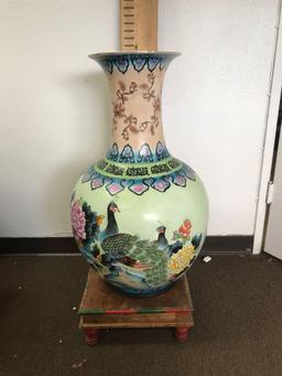 Large Porcelain Vase Painted Wood Base