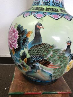 Large Porcelain Vase Painted Wood Base
