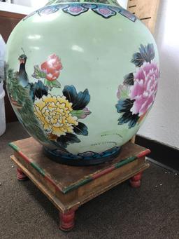 Large Porcelain Vase Painted Wood Base