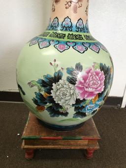 Large Porcelain Vase Painted Wood Base