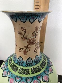 Large Porcelain Vase Painted Wood Base