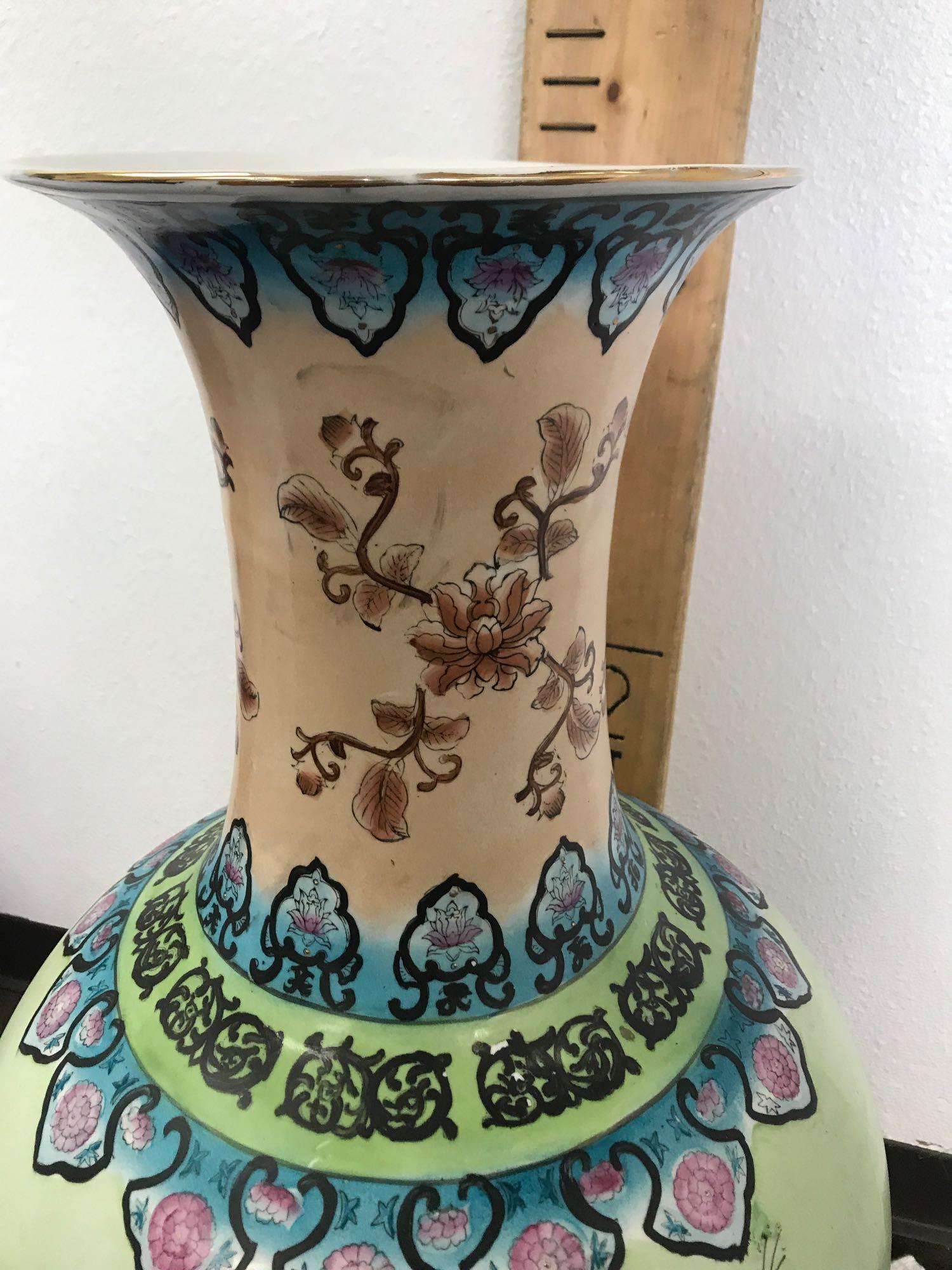 Large Porcelain Vase Painted Wood Base