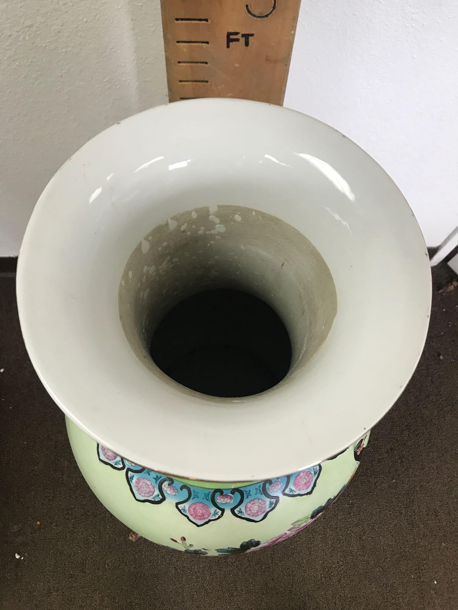 Large Porcelain Vase Painted Wood Base