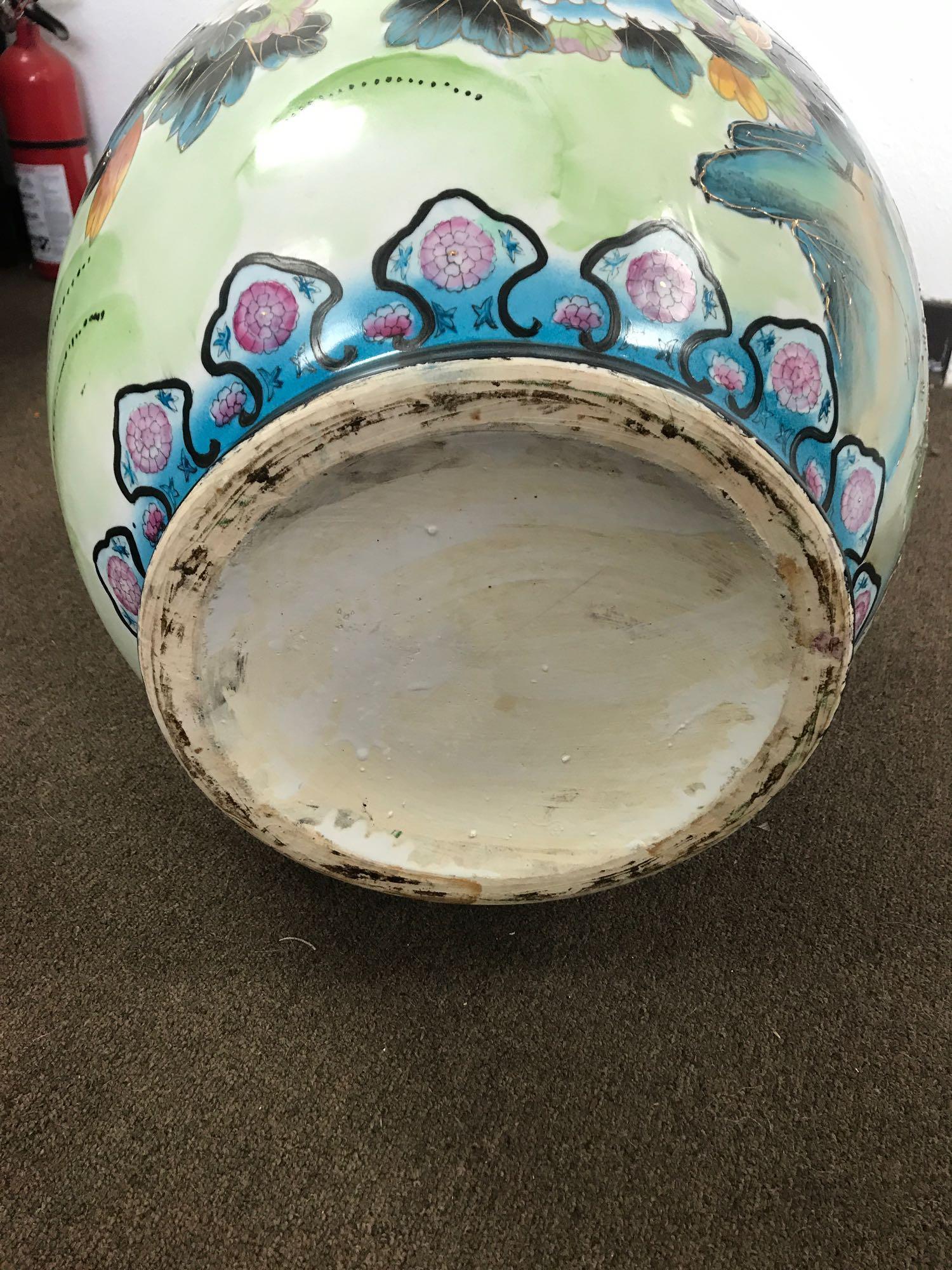 Large Porcelain Vase Painted Wood Base