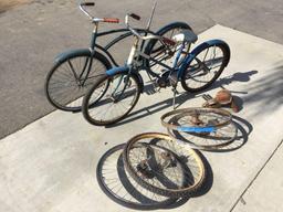 2 Vintage Bicycles 42/41in Wheelbase 4 Wheels Old wooden bike seat