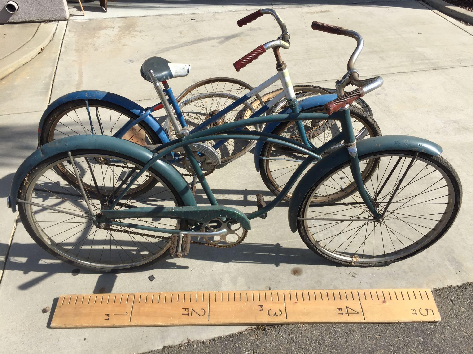 2 Vintage Bicycles 42/41in Wheelbase 4 Wheels Old wooden bike seat