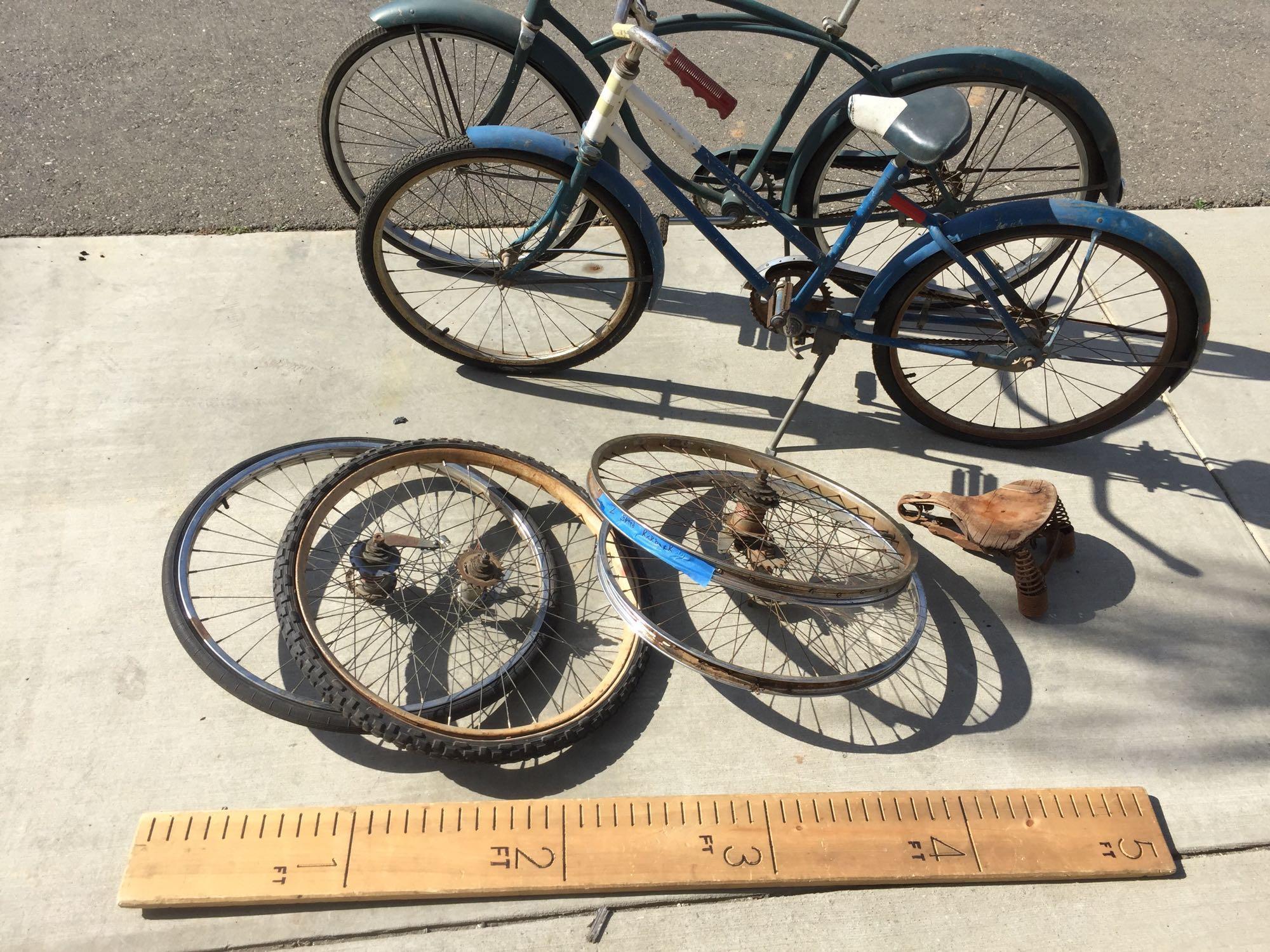 2 Vintage Bicycles 42/41in Wheelbase 4 Wheels Old wooden bike seat