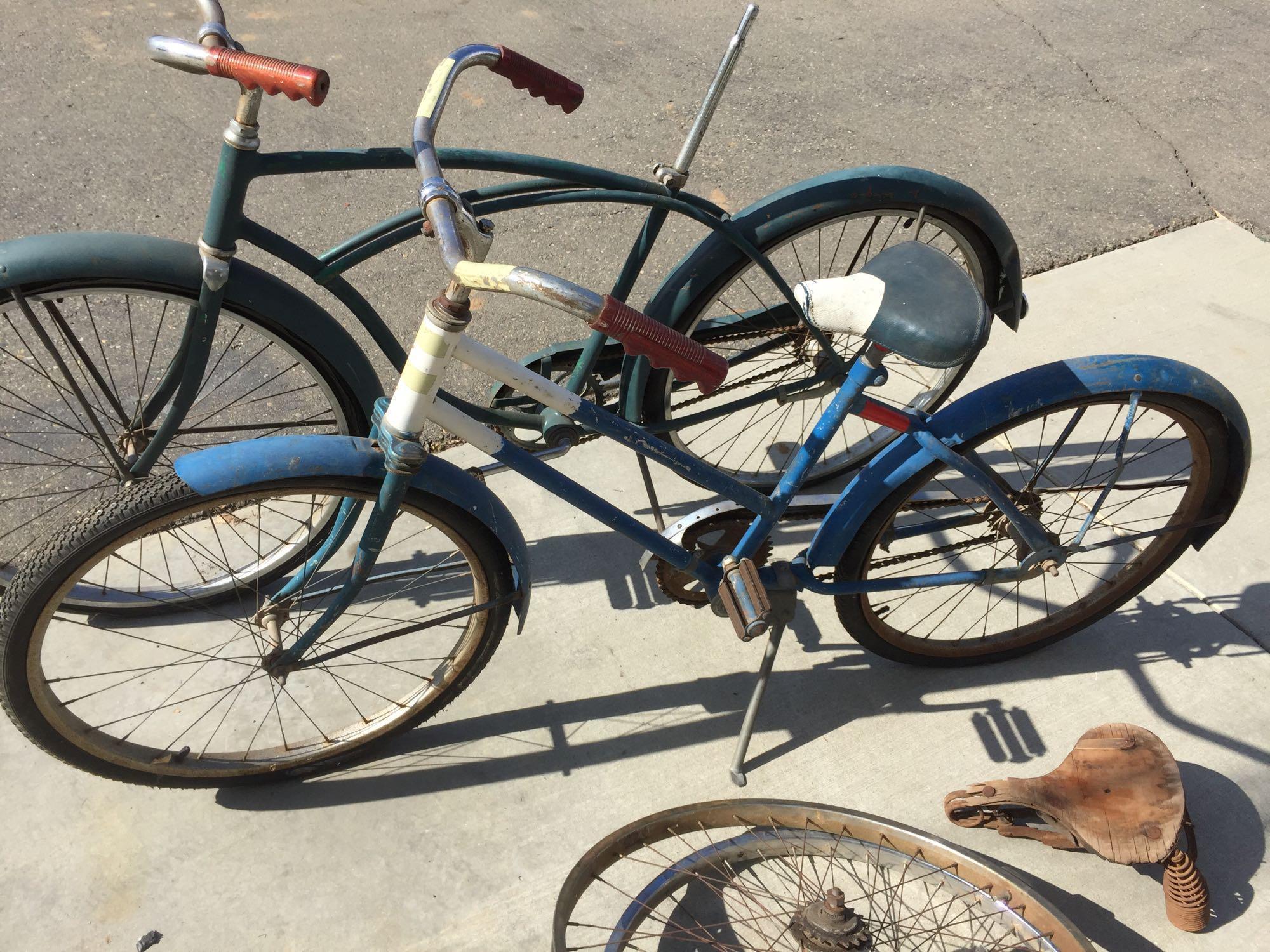 2 Vintage Bicycles 42/41in Wheelbase 4 Wheels Old wooden bike seat