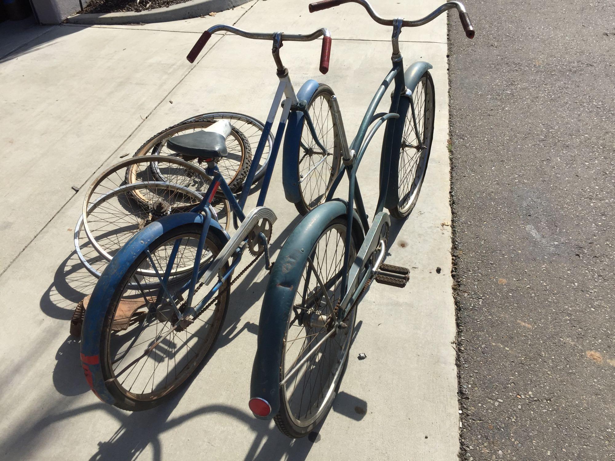 2 Vintage Bicycles 42/41in Wheelbase 4 Wheels Old wooden bike seat