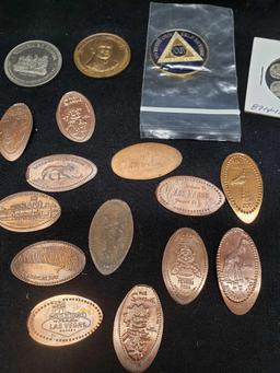 Small coins and Tokens. Imprinted pennies