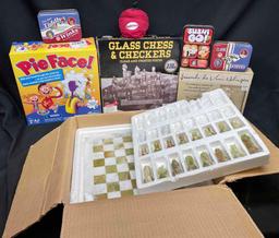 Bin Full of Assorted Games. Glass chess Boards, Pie Face, Helicopter Model, Tiddly Winks,more