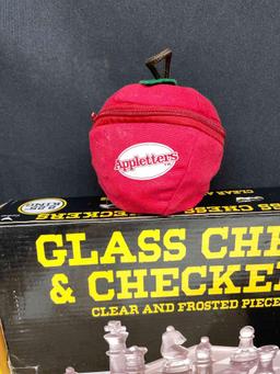 Bin Full of Assorted Games. Glass chess Boards, Pie Face, Helicopter Model, Tiddly Winks,more
