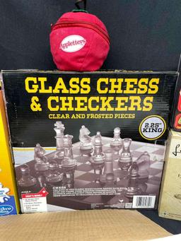 Bin Full of Assorted Games. Glass chess Boards, Pie Face, Helicopter Model, Tiddly Winks,more