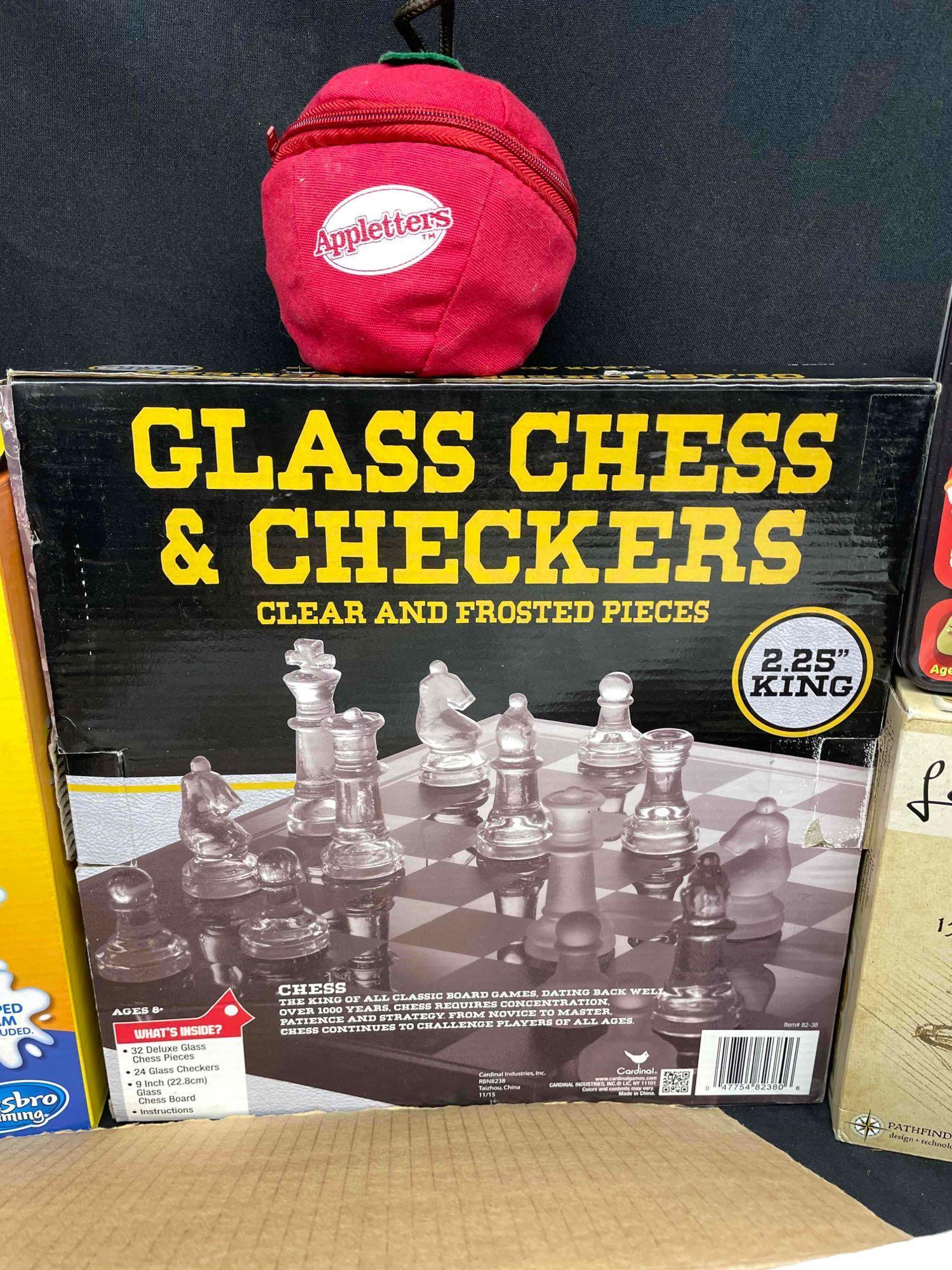 Bin Full of Assorted Games. Glass chess Boards, Pie Face, Helicopter Model, Tiddly Winks,more