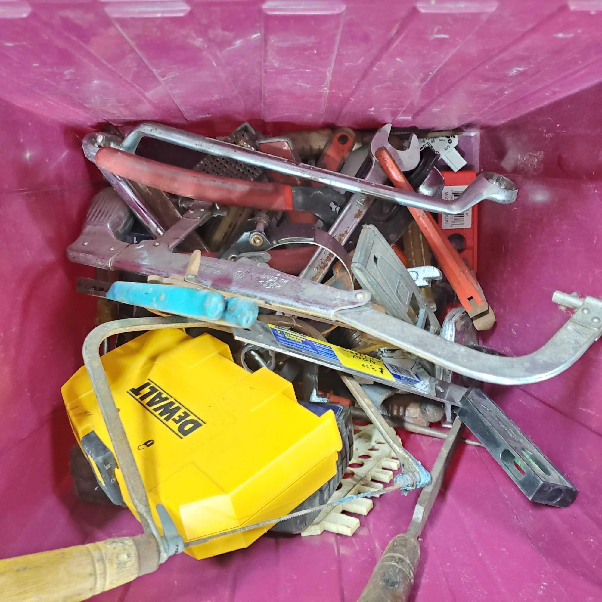 Bin of hand tools drill bits refrigeration hose/gage etc.